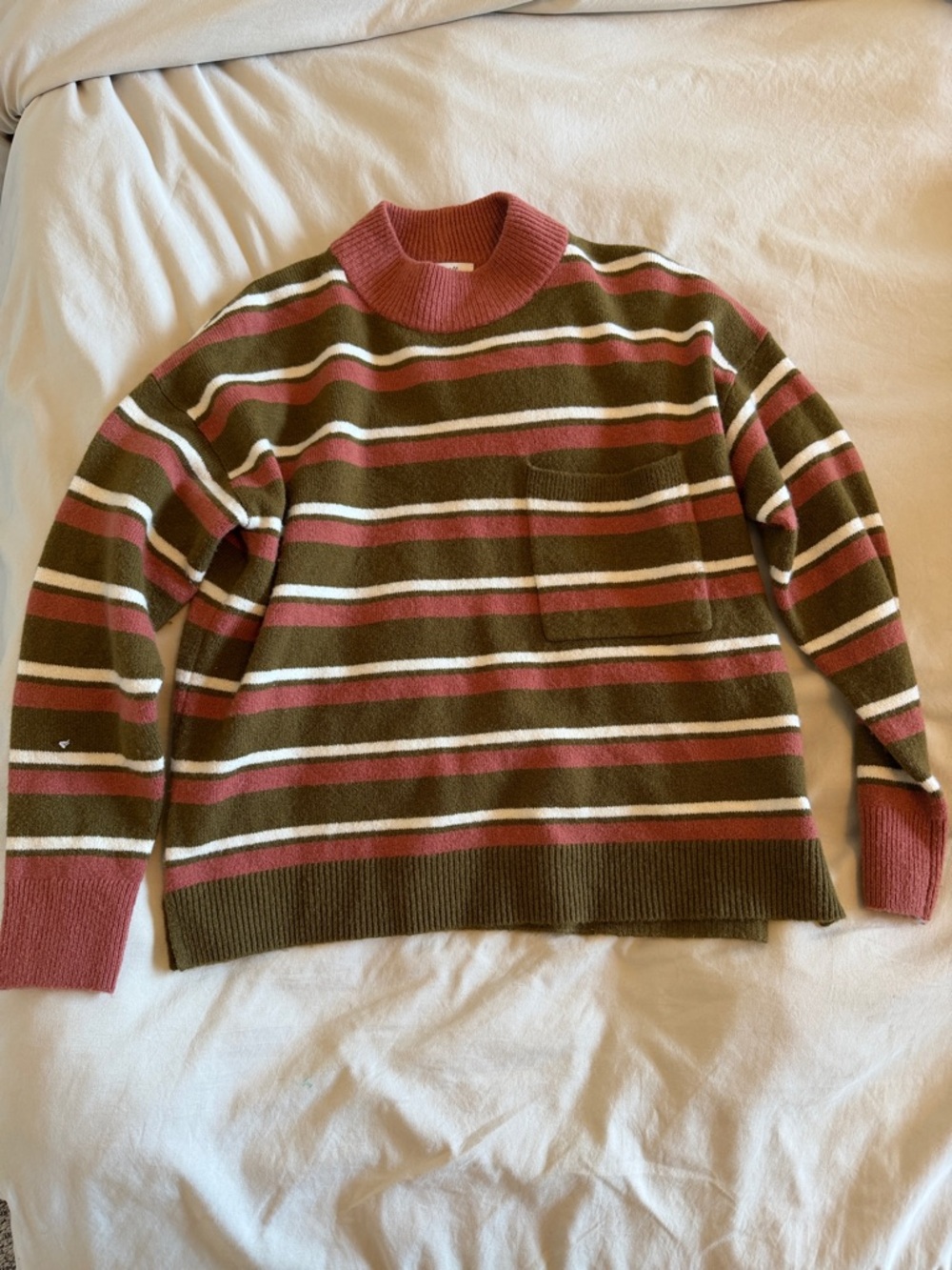 Madewell Striped Knit Pullover Sweater in Olive, Rose, and Cream